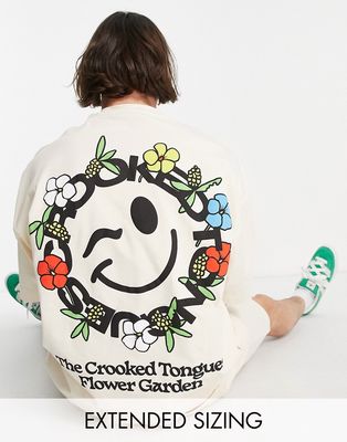 Crooked Tongues oversized t-shirt with smiley graphic print in off white-Neutral