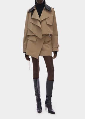 Cropped Asymmetric Trench Coat with Faux Leather Collar