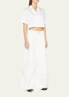Cropped Bowling Shirt with Beaded Collar Detail