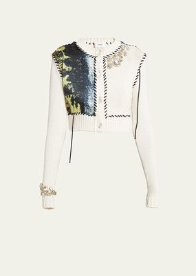 Cropped Button-Front Cardigan with Crystal and Embroidered Detail