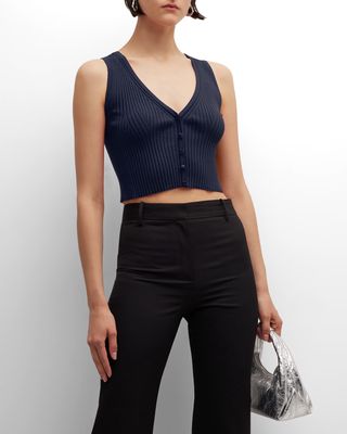 Cropped Button-Front Ribbed Knit Vest