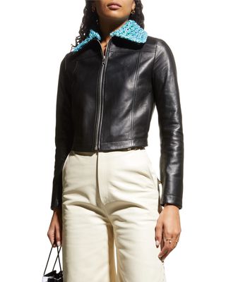 Cropped Crochet-Collared Leather Jacket