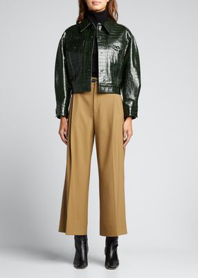 Cropped Crocodile-Embossed Leather Jacket