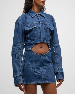 Cropped Denim Moto Jacket with Front Cutout