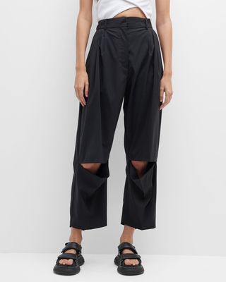 Cropped Front Slit Pleated Straight-Leg Pants