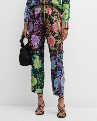 Cropped High-Rise Floral-Print Silk Pants