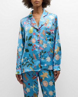 Cropped Holiday-Print Satin Pajama Set