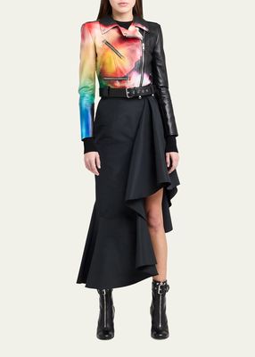 Cropped Leather Moto Jacket with Abstract Floral Detail