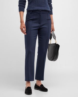 Cropped Pintuck Stretch Wool Trousers