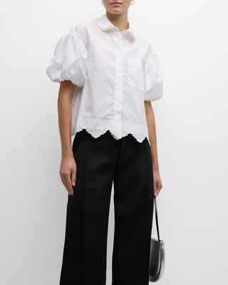 Cropped Puff Sleeve Shirt with Embroidered Trim