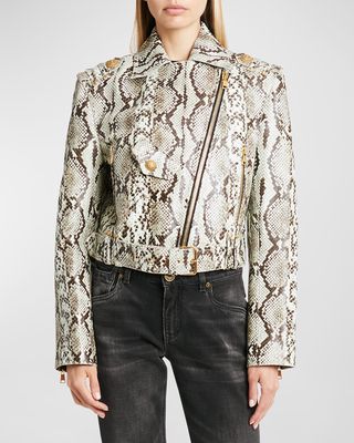 Cropped Python-Printed Leather Biker Jacket