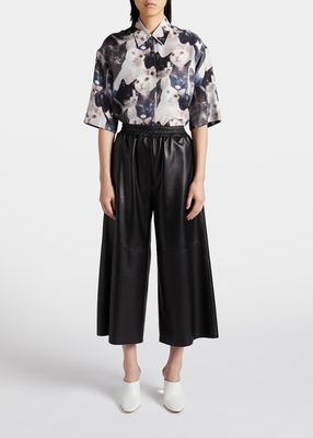 Cropped Wide-Leg Pull-On Leather Pants