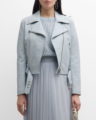 Cropped Zip-Front Leather Moto Jacket