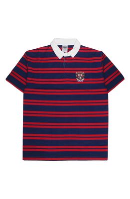 Cross Colours Women's BSU Crest Stripe Short Sleeve Cotton Rugby Shirt in Navy Blue/Red