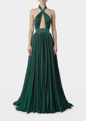 Crossover Cutout Metallic Plisse Gown