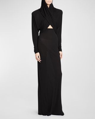 Crossover Front Evening Gown with Hooded Collar