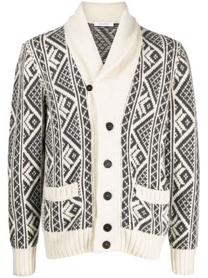 Cruciani shawl-collar patterned intarsia-knit cardigan - White