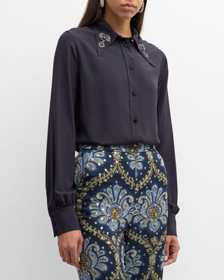 Crystal Beaded-Collar Silk Crepe Shirt