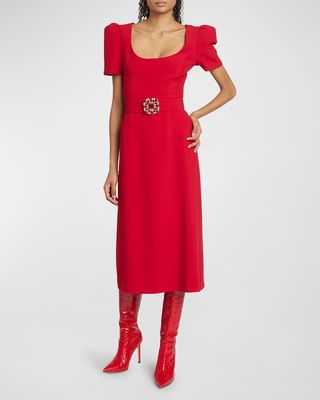 Crystal Belted Short-Sleeve Woven Crepe Midi Dress