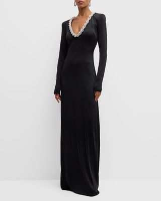 Crystal Braided Scoop-Neck Long-Sleeve Gown