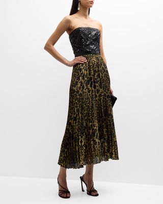 Crystal Bustier Pleated Metallic Leopard-Print Midi Dress