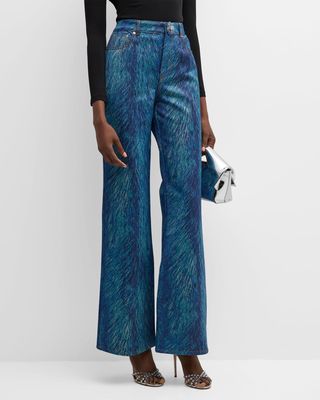 Crystal-Button Fur-Print Flare Jeans