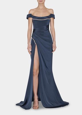 Crystal Draped Thigh-Slit Gown