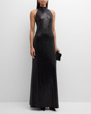 Crystal-Drop Backless Sleeveless Sequined Gown