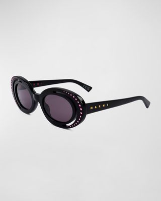 Crystal-Embellished Acetate Oval Sunglasses