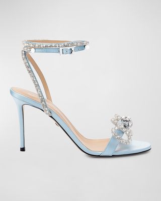 Crystal-Embellished Double Bow Satin Stiletto Sandals