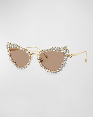 Crystal-Embellished Golden Metal Cat-Eye Sunglasses