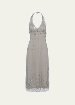 Crystal-Embellished Halter Tulle Midi Dress