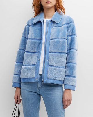 Crystal Embellished Horizontal Lamb Shearling Bomber Jacket