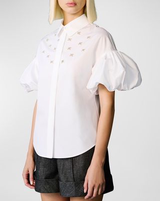 Crystal Embellished Short Puff-Sleeve Collared Shirt