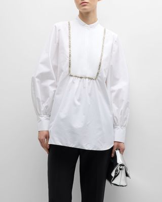Crystal Embroidered Bib-Front Tuxedo Blouse