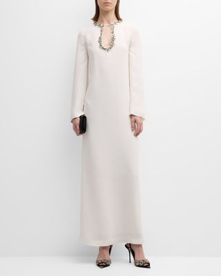 Crystal Embroidered Long-Sleeve Shift Gown