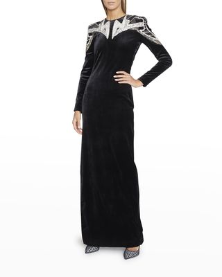 Crystal Embroidered Open-Back Velvet Gown