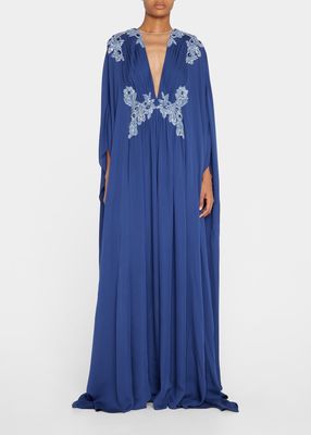 Crystal-Embroidered Pleated Georgette Caftan Gown