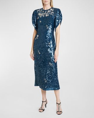 Crystal Embroidered Short-Sleeve Sequin Midi Dress