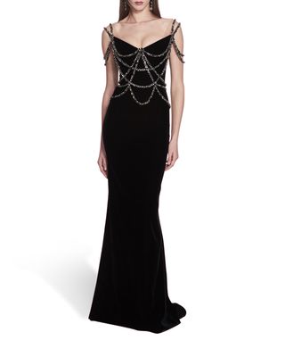 Crystal Encrusted Chain Velvet Mermaid Gown