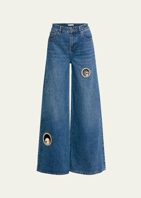 Crystal Eyelet Wide-Leg Jeans