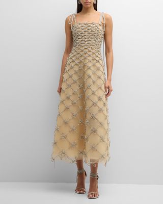 Crystal Grid And Bow Tea-Length Sleeveless Dress