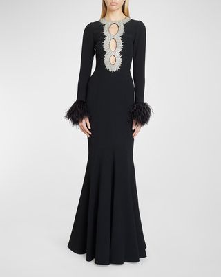 Crystal-Keyhole Long-Sleeve Feather-Trim Woven Gown