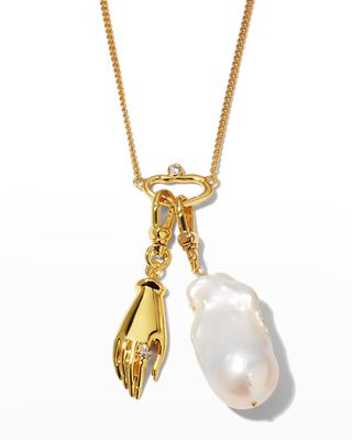 Crystal Link, Pearl and Hand Charm Necklace