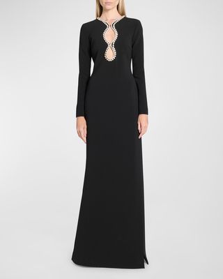 Crystal Long-Sleeve Thigh-Slit Cady Gown