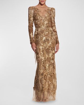 Crystal Metallic Fringe Embroidered Long-Sleeve Trumpet Gown
