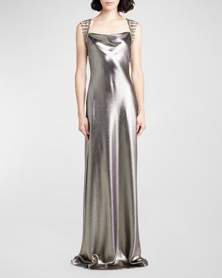 Crystal Open-Back Metallic Satin Sleeveless Gown