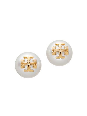 Crystal-Pearl Rose Goldtone Logo Stud Earrings - Tory Gold - Tory Gold