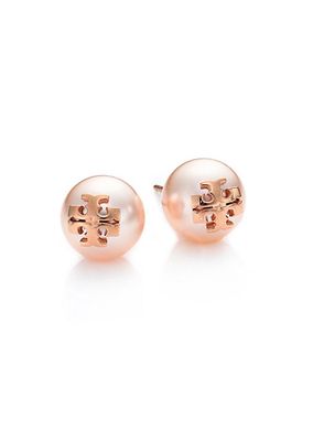 Crystal-Pearl Rose Goldtone Logo Stud Earrings