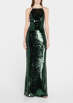 Crystal-Strap Open-Back Sequin Gown